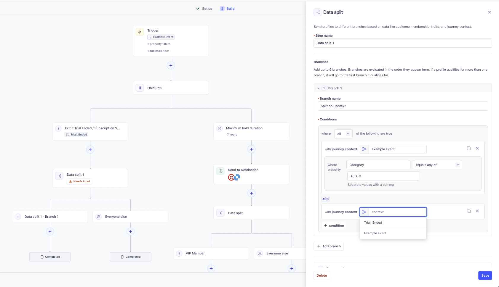 Data split panel showing branch conditions with journey context selected. The panel displays a branch named "Split on Context" with conditions set to "with journey context" where the property "Category" from "Example Event" equals any of "A, B, C". A second condition shows a dropdown for selecting journey context events including "Trial_Ended" and "Example Event". The left side shows the journey canvas with a Hold Until step, Data split steps, and completed end states.